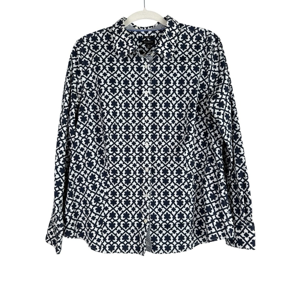 Talbots Non-Iron Geo Print Long Sleeve Button Up Shirt Navy Women's Size 16